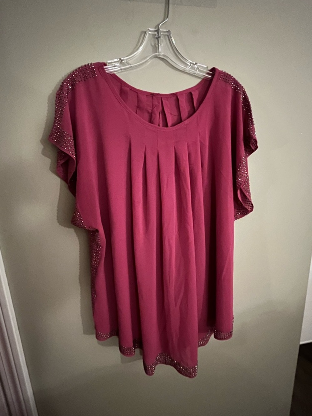 Women's Magenta Pleated Flutter Sleeve Top